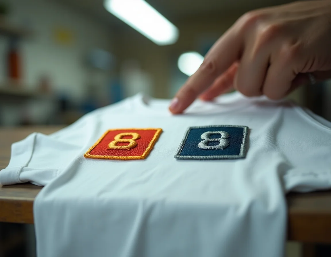 Close-up comparison of rayon vs polyester embroidery thread finish on t-shirt — sheen difference visible in machine embroidery