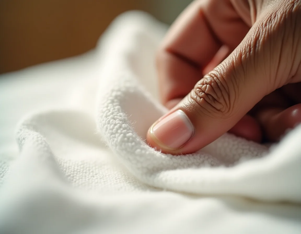Rubbing fabric between fingers to test combed cotton quality