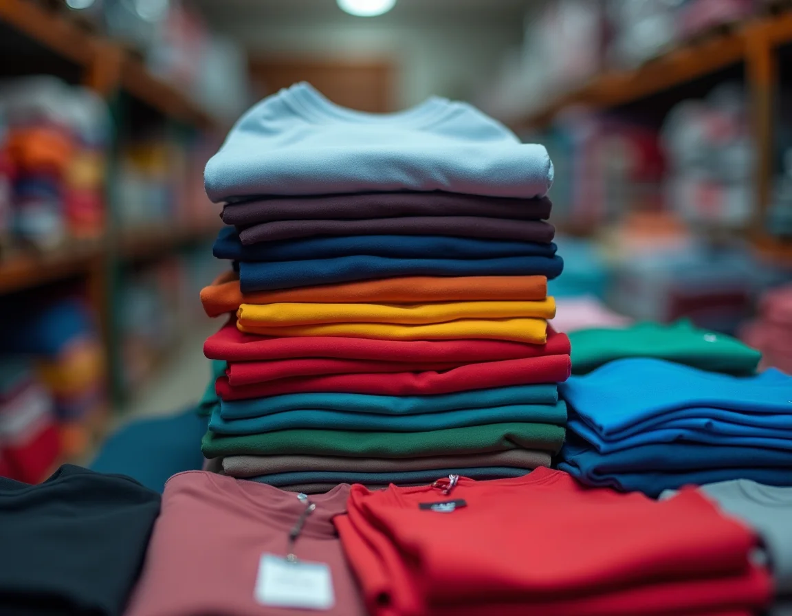 Quality control and packaging section at BulkPlainTshirt.com warehouse showing workers inspecting plain t-shirts