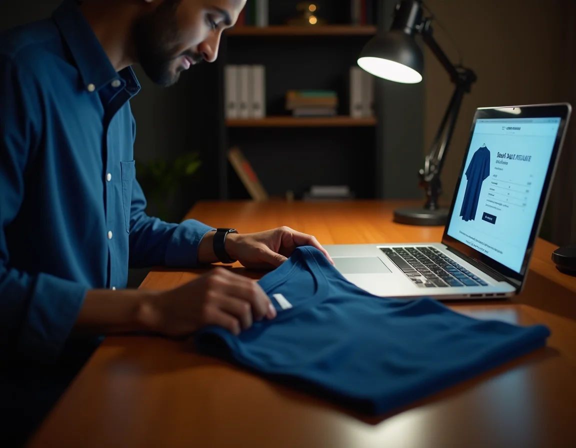 Sample t-shirt being compared with bulk order under natural lighting