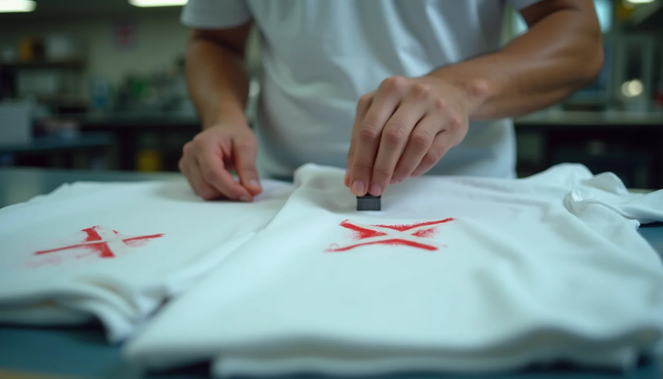 T-shirt printing business owner checking fabric quality and consistency of bulk plain t-shirts