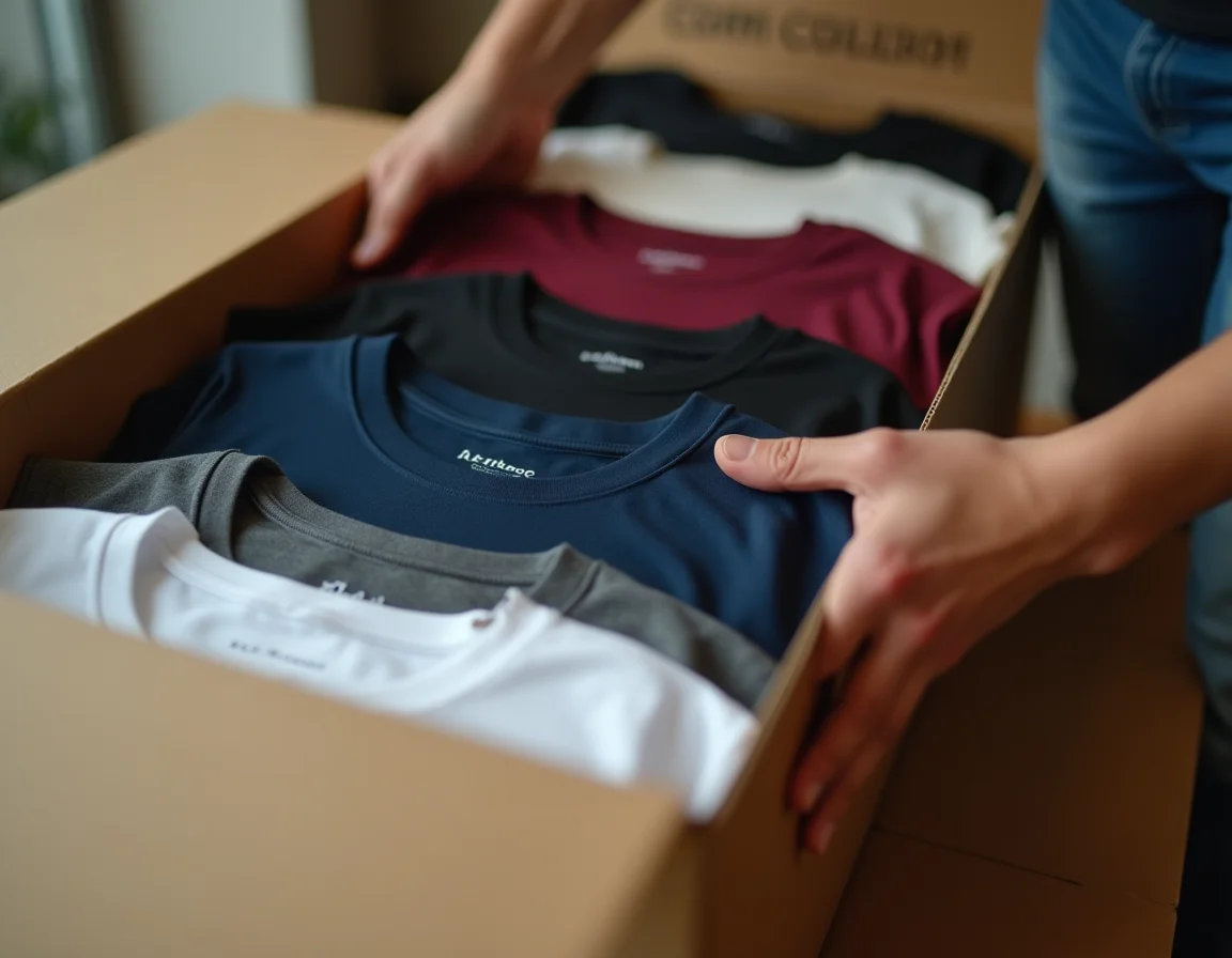 Business owner examining plain t-shirt samples before bulk ordering from supplier