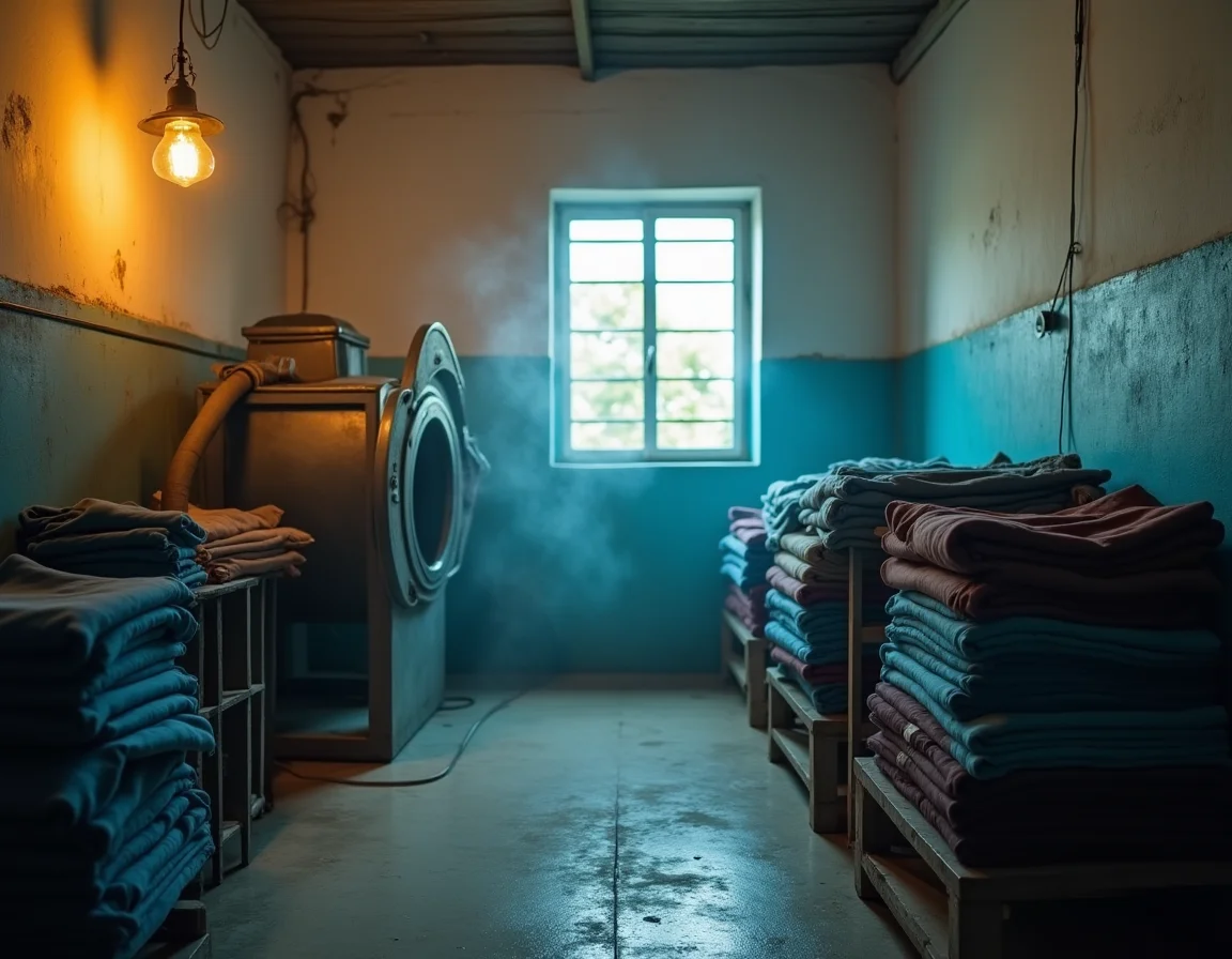 Garment finishing process — discharge washing creates the acid wash pattern on dyed t-shirts