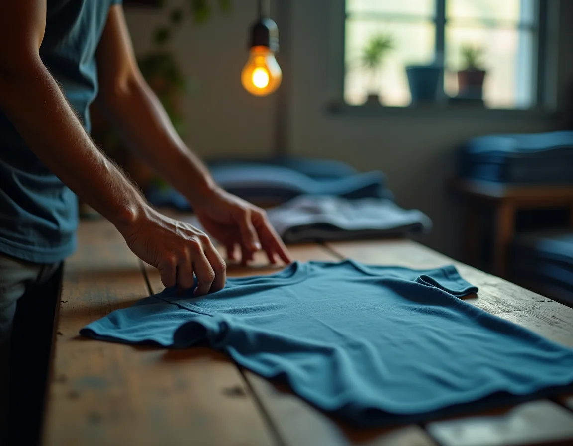 Bulk plain t-shirts with acid wash finish stacked in a warehouse — wholesale garment finishing