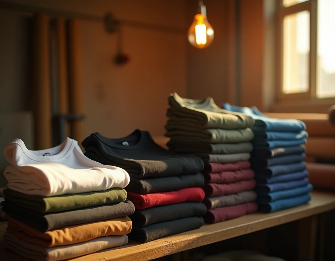 Bulk plain biowash t-shirts stacked for DTF and screen printing in a wholesale t-shirt printing business