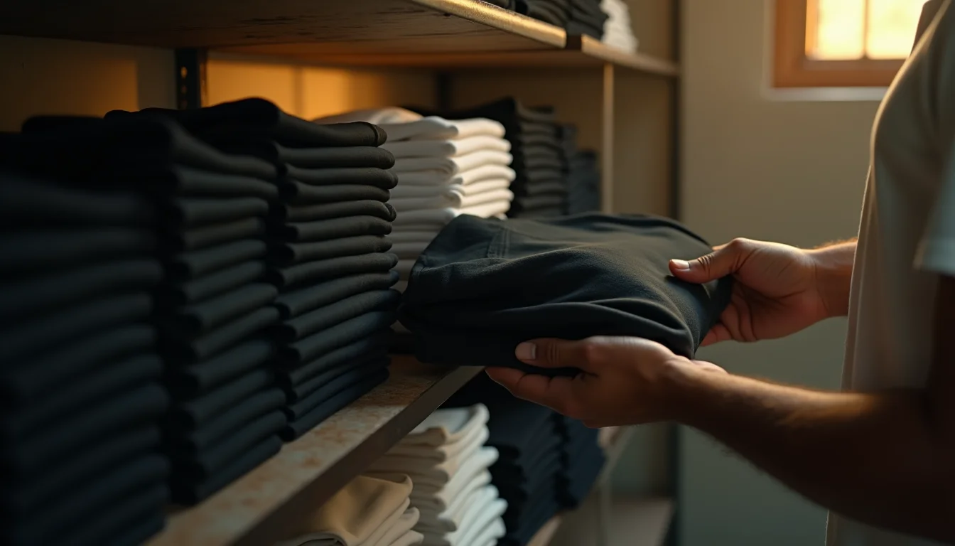 Boxy fit t-shirts in multiple colours displayed at a Tiruppur manufacturing facility — plain blank wholesale
