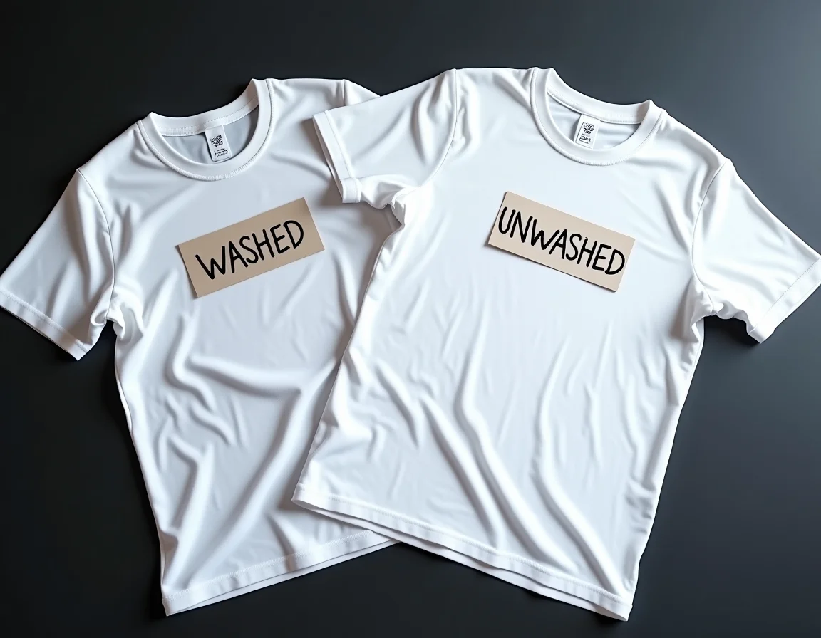 Pre-shrunk vs non-pre-shrunk fabric comparison showing size difference after washing