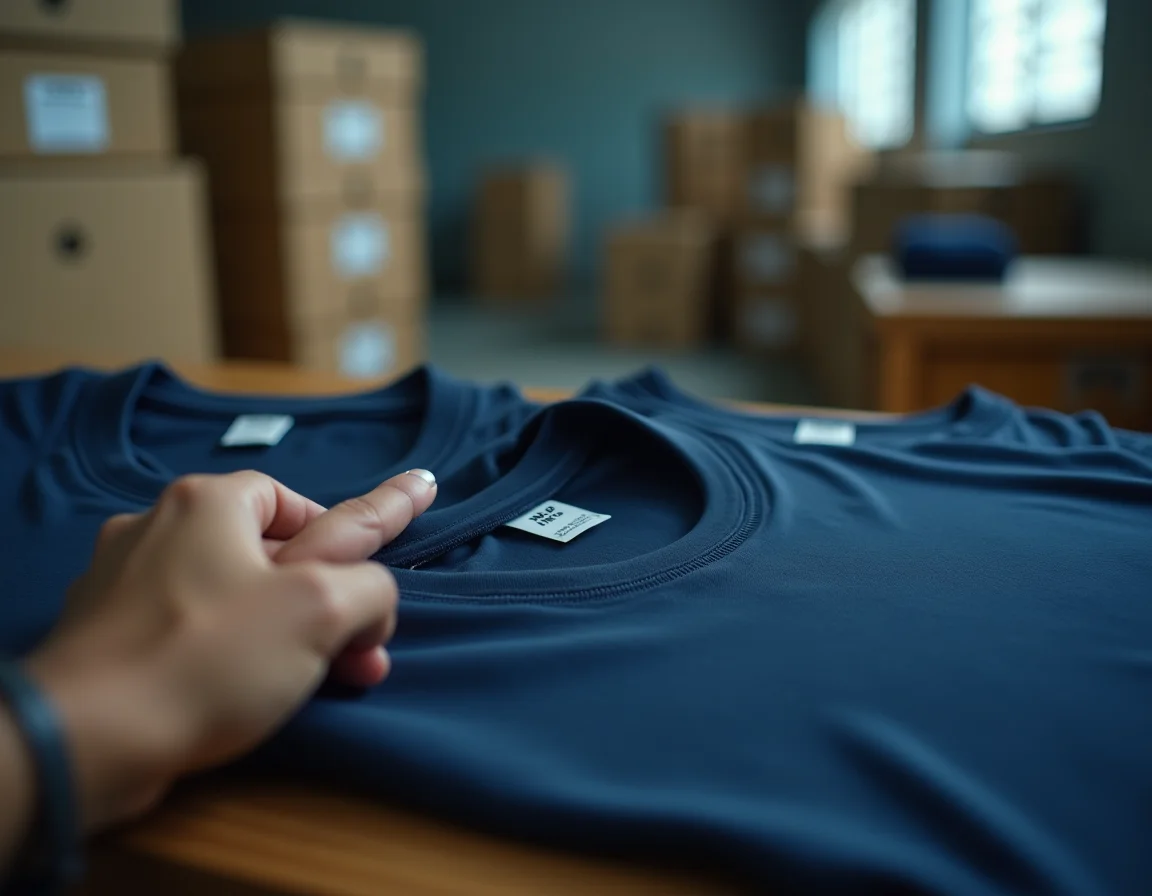 Marketplace-ready t-shirt packaging checklist showing MRP tag, barcode, wash care label and size tag requirements