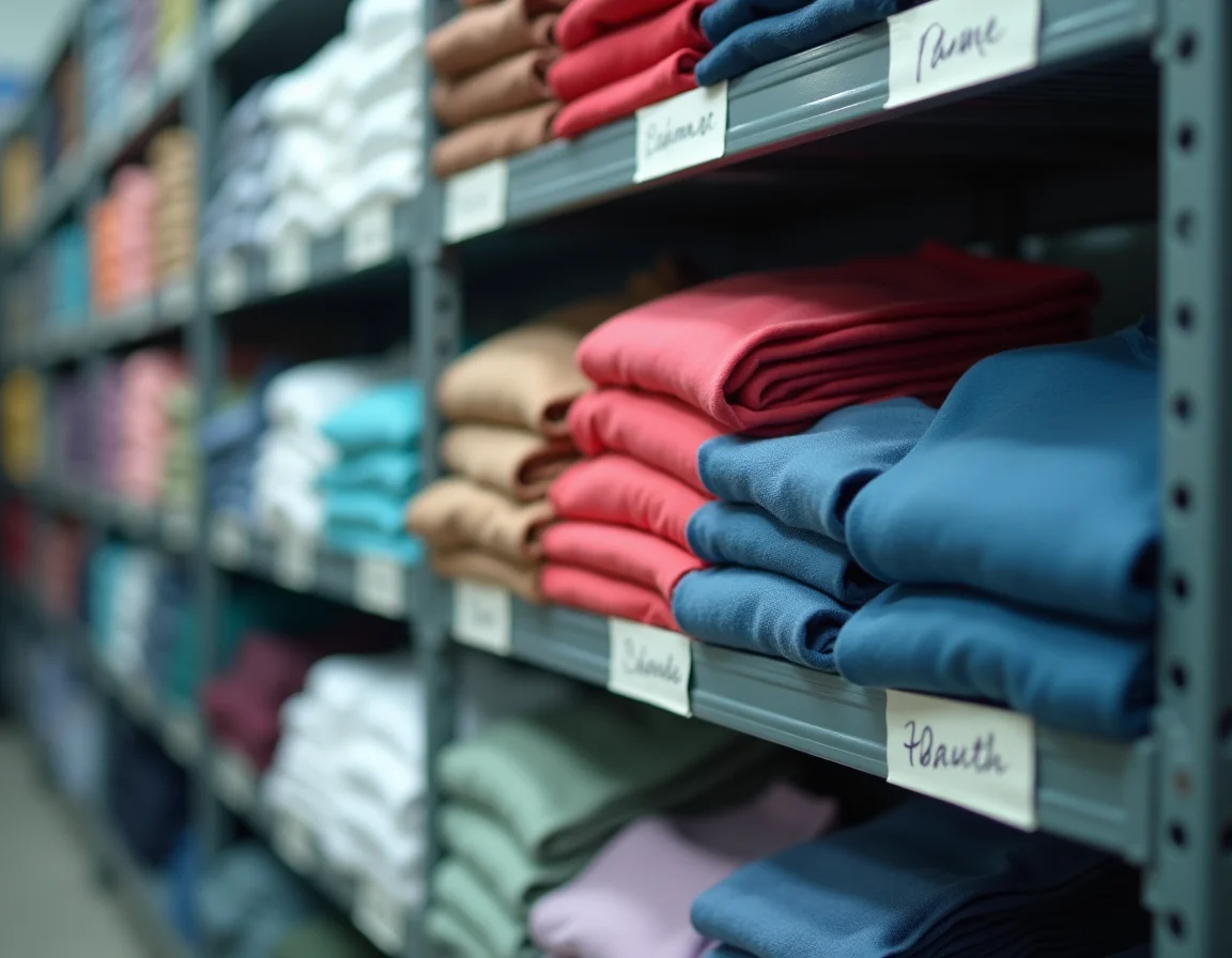 Warehouse management system showing color-coded inventory for plain t-shirts