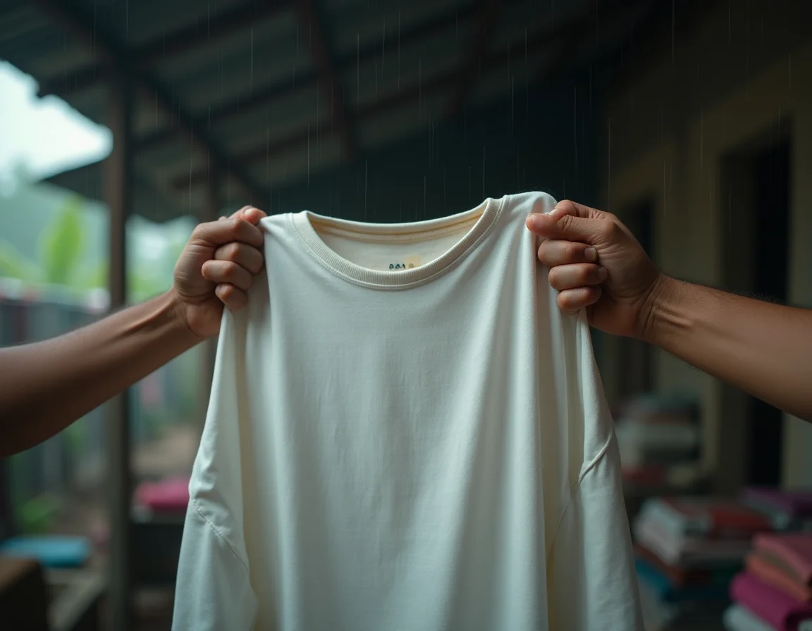 Cotton t-shirts showing fungal damage from monsoon moisture — warehouse storage mistake in bulk printing business