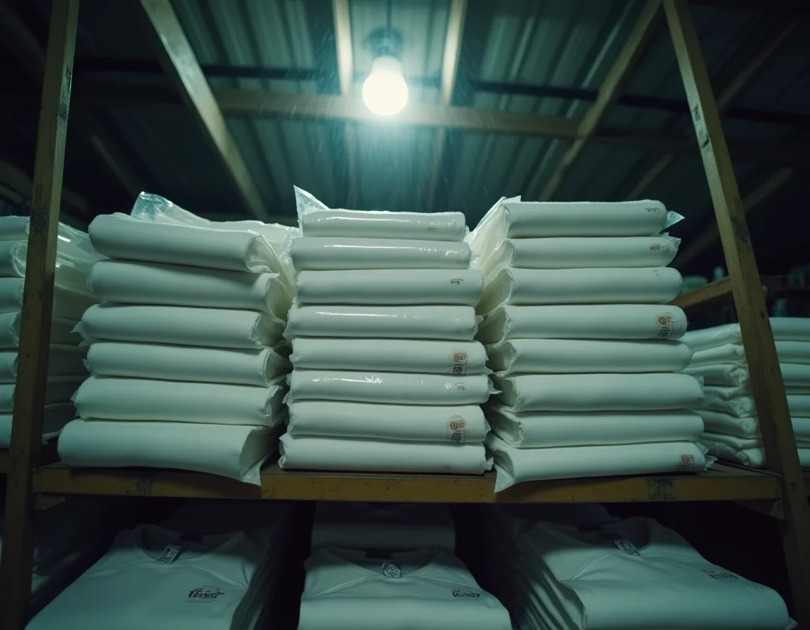 Correct monsoon storage for bulk cotton t-shirts — raised pallets, silica gel, ventilation gaps in a printing business warehouse