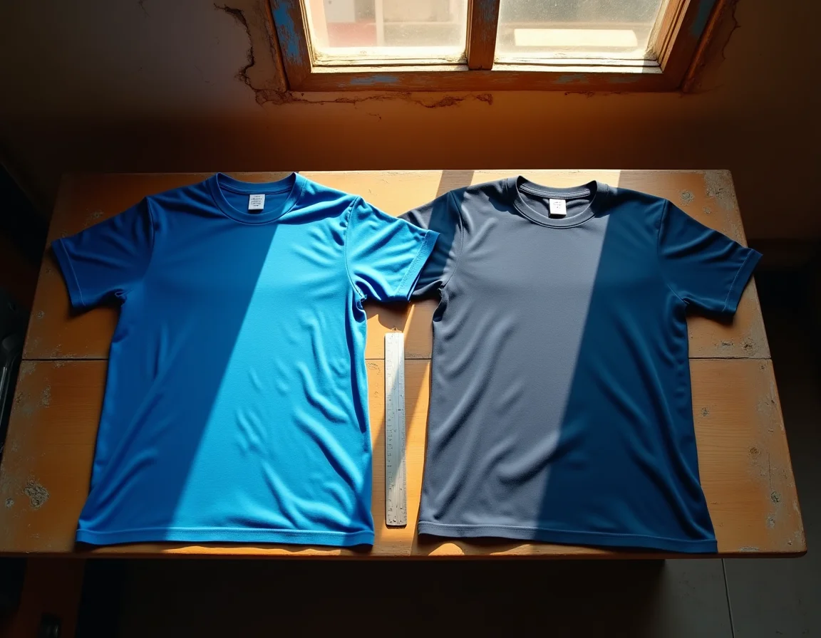Royal Blue t-shirt vs Navy Blue t-shirt side by side in natural sunlight — clear shade difference visible on cotton fabric