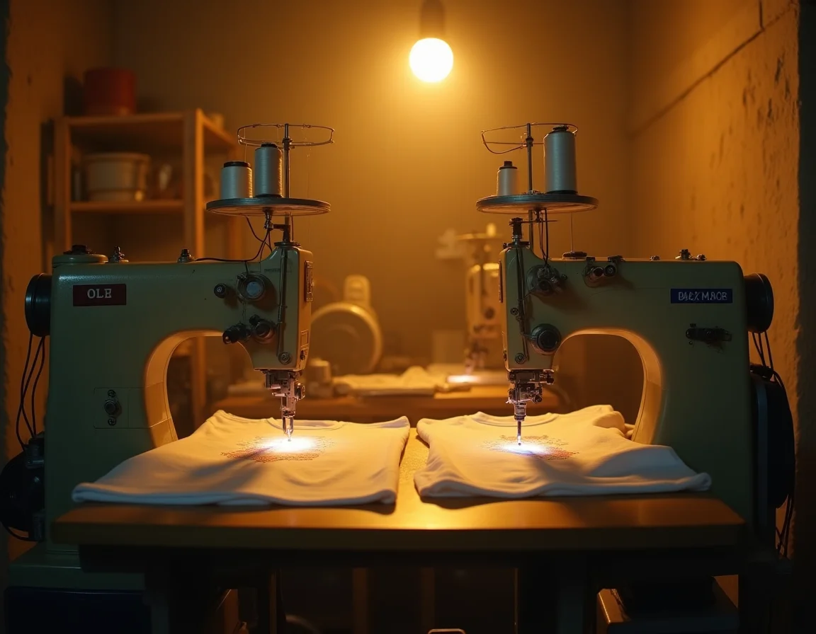 Double head embroidery machine running two t-shirts simultaneously in a Tiruppur garment unit