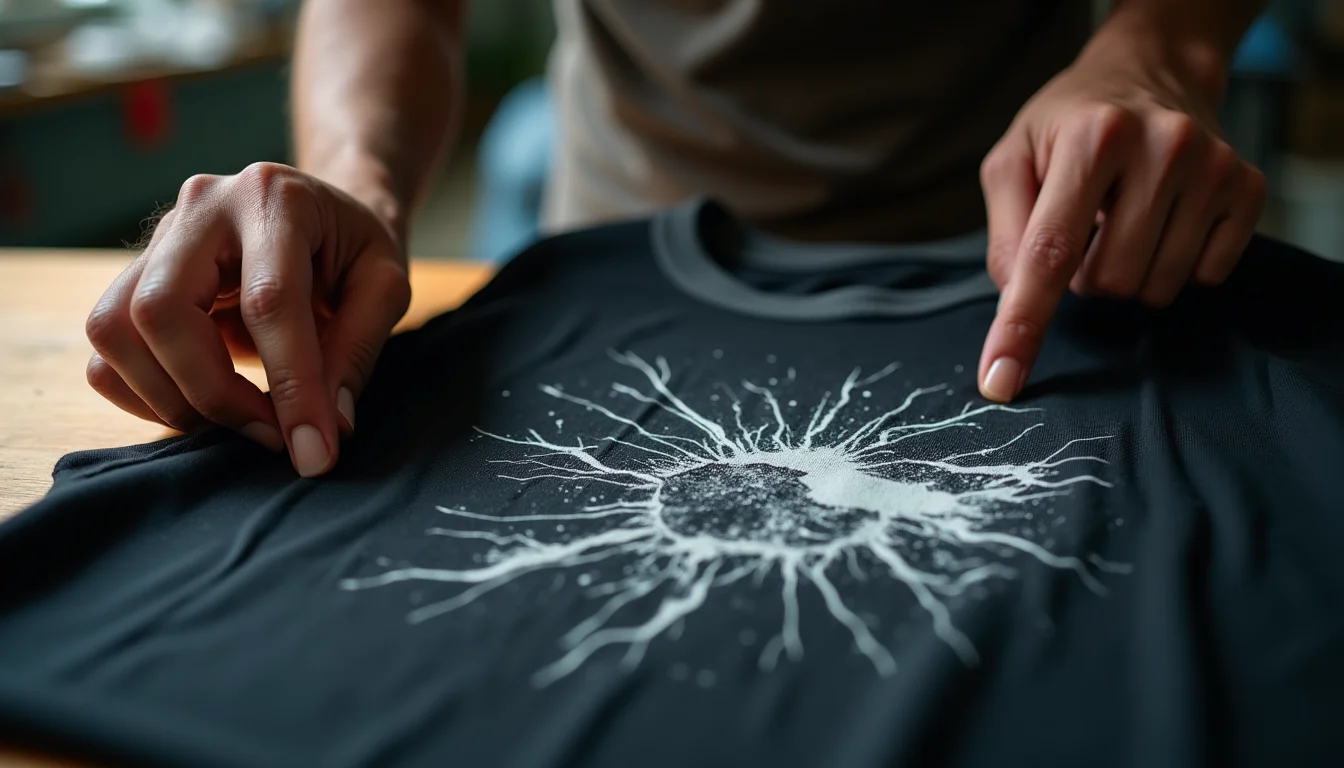 Discharge printing technique showing bleach design on dark fabric t-shirt