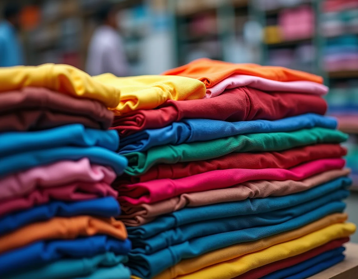 Fabric buyer reviewing T-shirt wholesale samples at a Tiruppur supplier — raw material negotiation