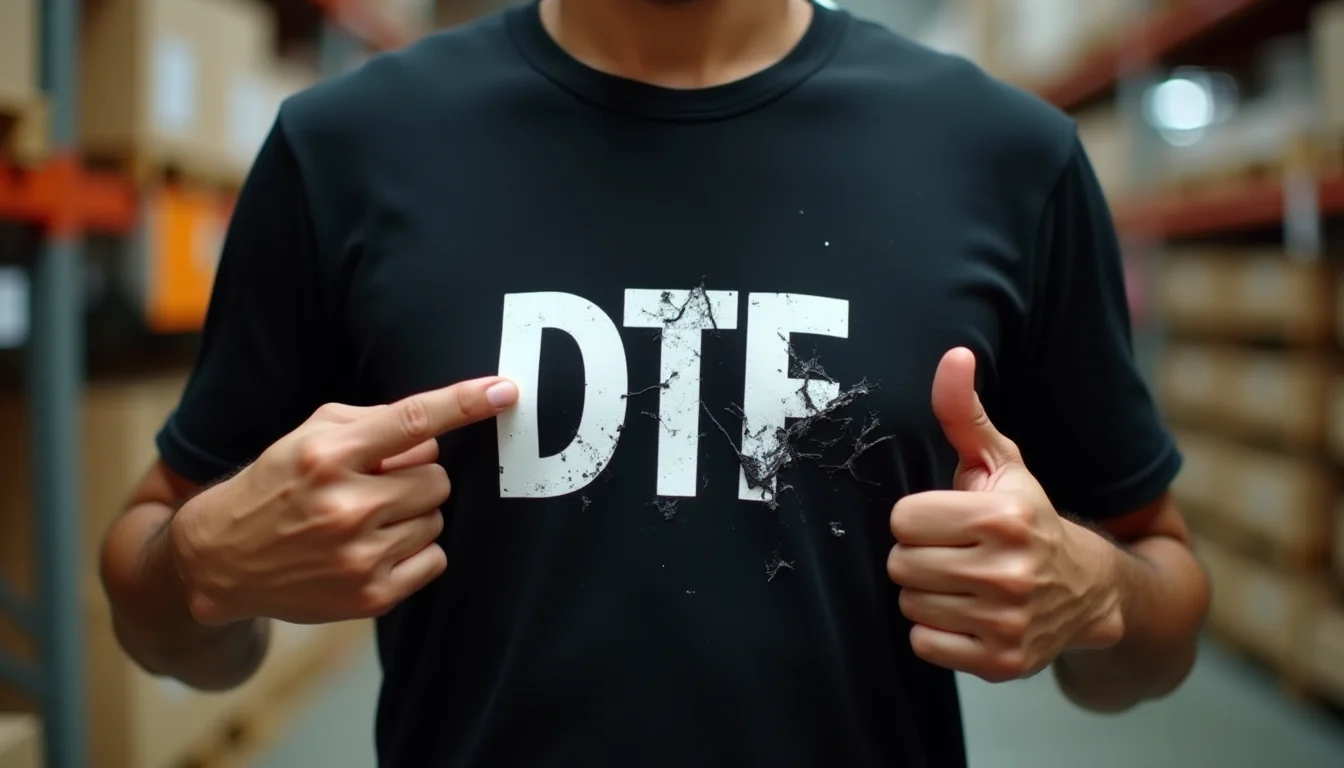 White DTF print peeling on black t-shirt showing temperature control issues