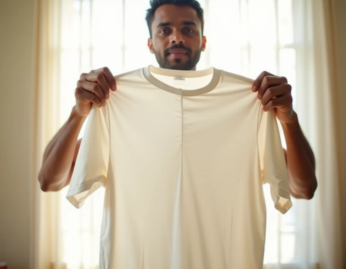 Side by side comparison of white and off-white plain t-shirts showing shade difference