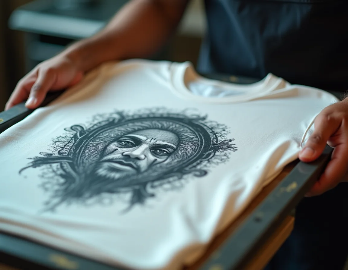 Screen printing process showing underbase application on dark t-shirts